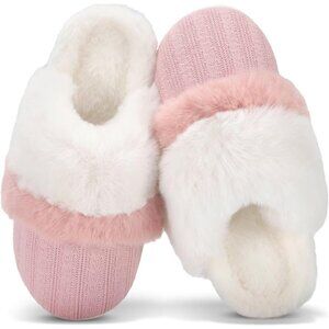 Women's Two Tone Pink White Faux Fur Lining Collar Memory Foam Slippers Shoes